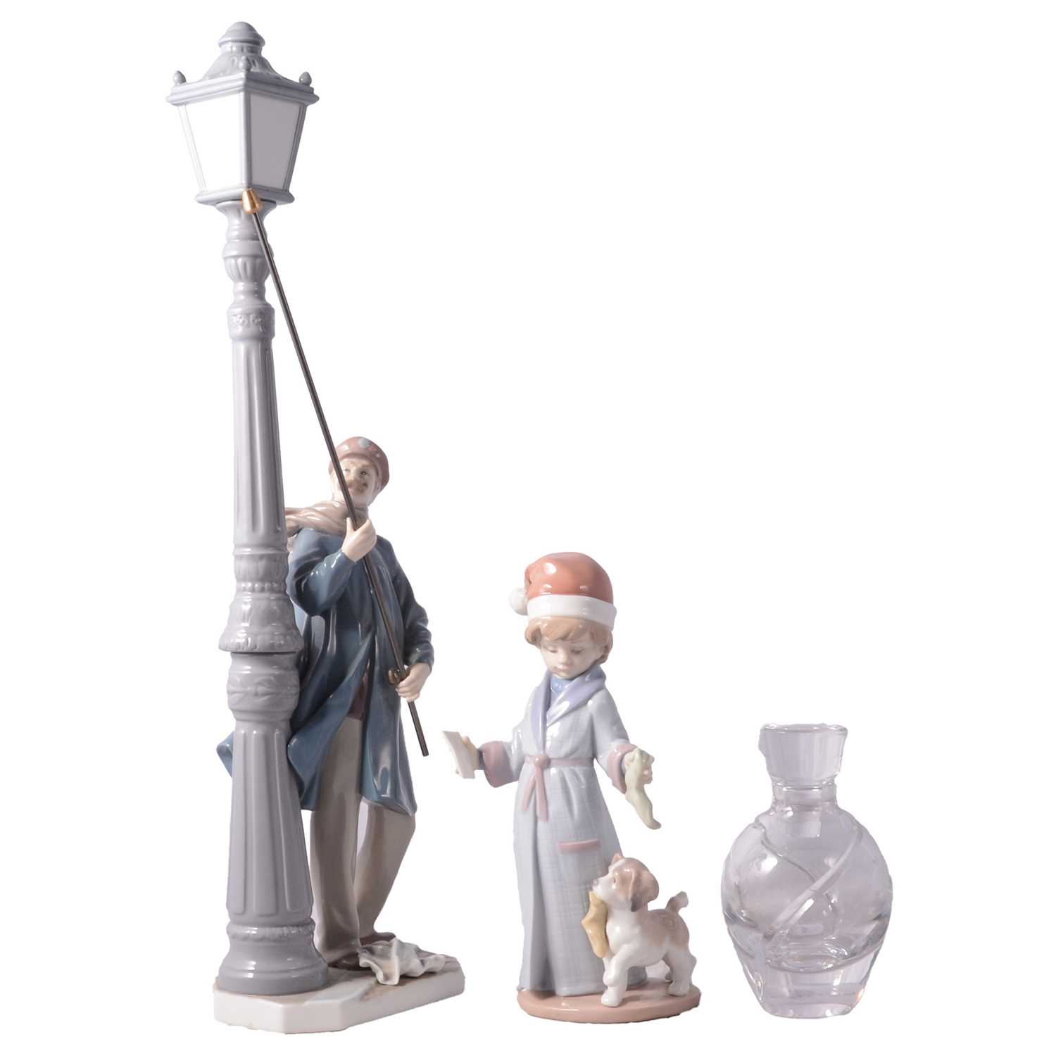 Lot 12 - A Lladro figurine Lamp Post Lighter, another Dear Santa, Waterford cologne bottle.