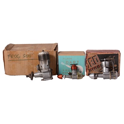 Lot 312 - Frog 500 model aero engine, other Frog 500 parts, ED Bee engine, Allbon Dart engine