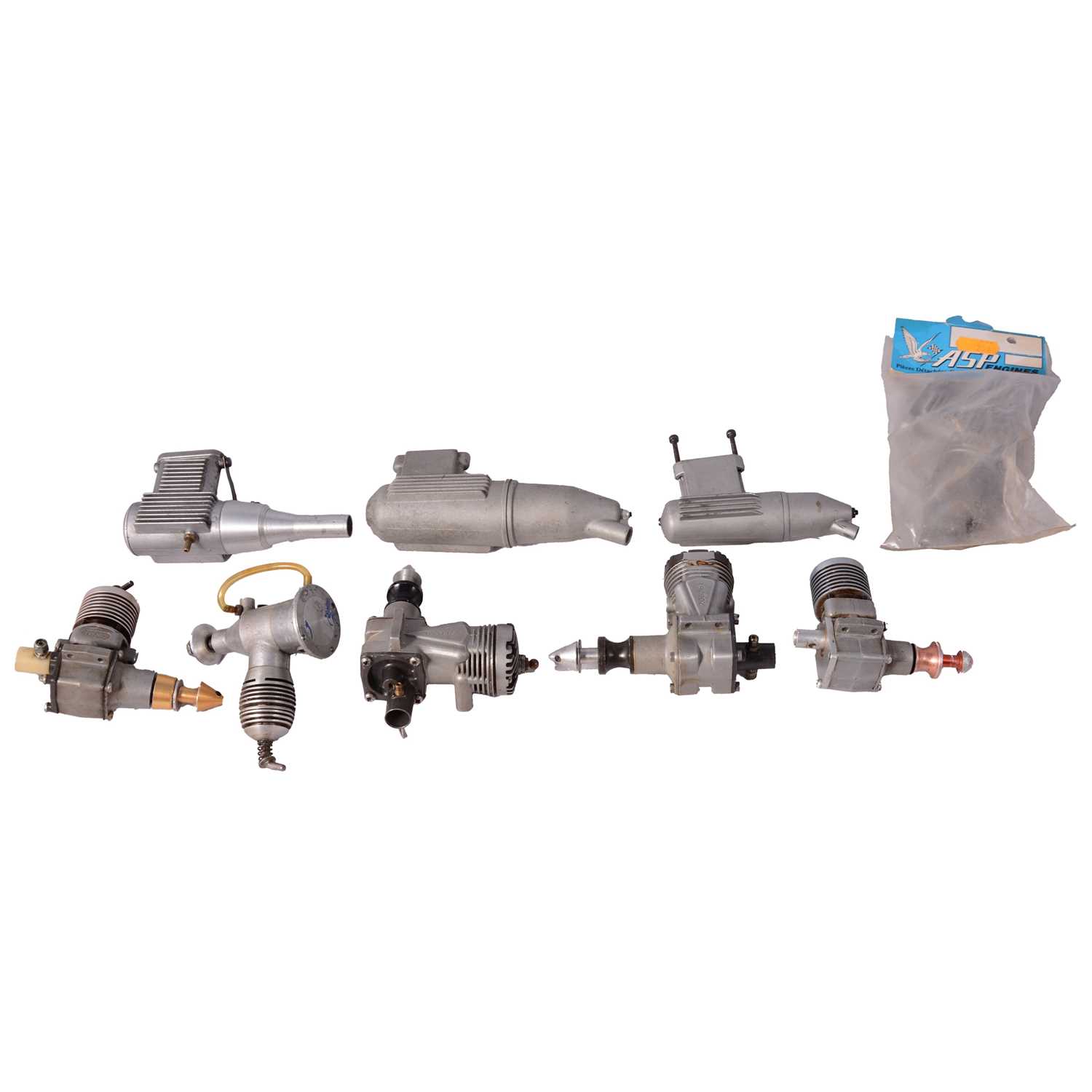 Lot 329 - Five model engines and four mufflers,