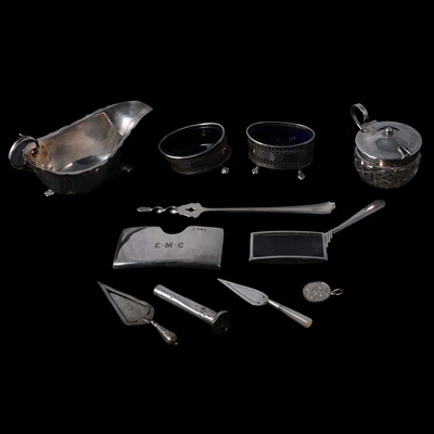 Lot 196 - Silver sauce boat, Marson & Jones, Birmingham 1933, and other silver and white metal wares.