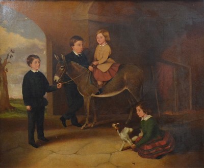 Lot 140 - Victorian School, Children on a donkey in a stable