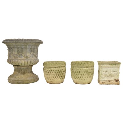 Lot 289 - Haddonstone type urn, another pair of planters, and a square-shape planter