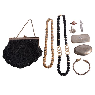 Lot 519 - A collection of costume jewellery, evening bag, powder compact, cigarette case etc.