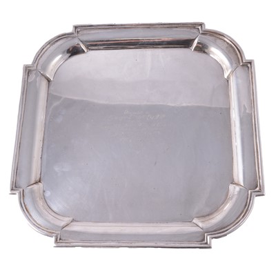 Lot 228 - A square silver presentation salver, William Hutton & Sons Ltd, Sheffield 1924.