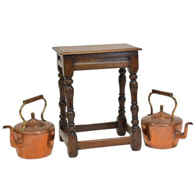Lot 234 - Oak joint stool, 19th Century, and two Victorian copper kettles