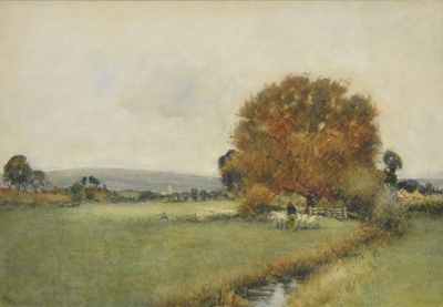 Lot 125 - Arthur George Bell, Landscape with shepherd and sheep