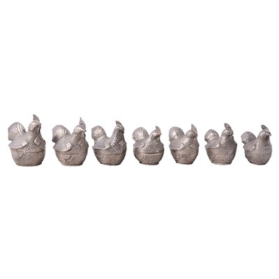 Lot 205 - Set of seven Cambodian white metal graduated chicken trinket pots.
