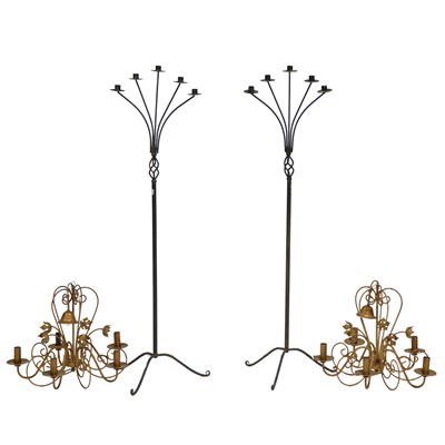 Lot 187 - Pair of gilt metal five-light chandeliers, and pair of floor-standing candlestands