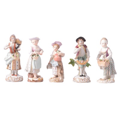Lot 25 - Three Meissen figurines and two later Sitzendorf figurines