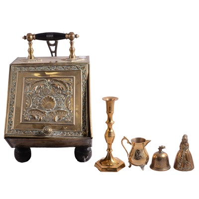 Lot 149 - Large brass hanging bird cage, a modern cage, and other copper and brass ware