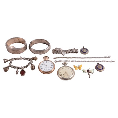 Lot 439 - Two silver half hinged bangles, gate bracelet, Omega pocket watch, GP pocket watch, two butterflys.