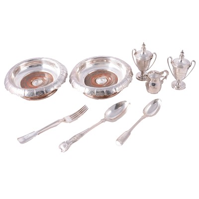 Lot 102 - Two silver-plated bottle coasters, Fiddle and Thread cutlery, etc