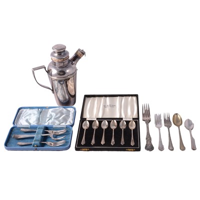 Lot 238 - An Art Deco cocktail shaker, cased set of six coffee spoons, plated flatware.