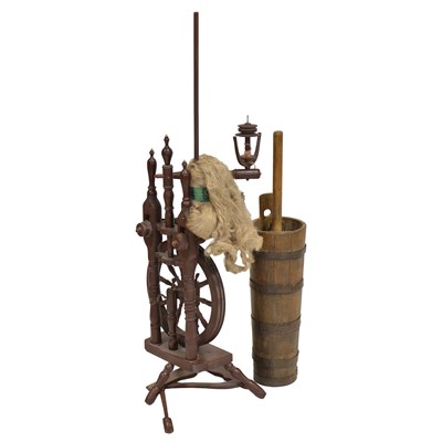 Lot 379 - German coopered butter churn, and a spinning wheel