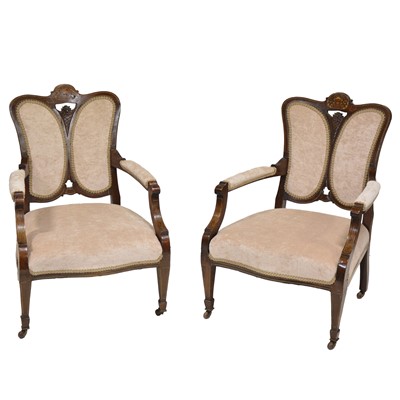 Lot 429 - Pair of Edwardian inlaid mahogany elbow chairs