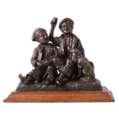 Lot 87 - Continental patinated bronze group of farm boys with a dog