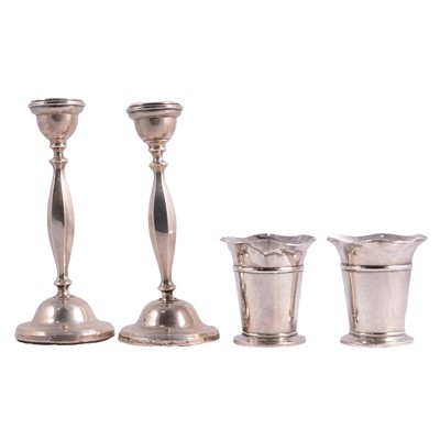 Lot 324 - Pair of silver flower vases, Joseph Gloster Ltd, Birmingham 1910, and pair of silver candlesticks.