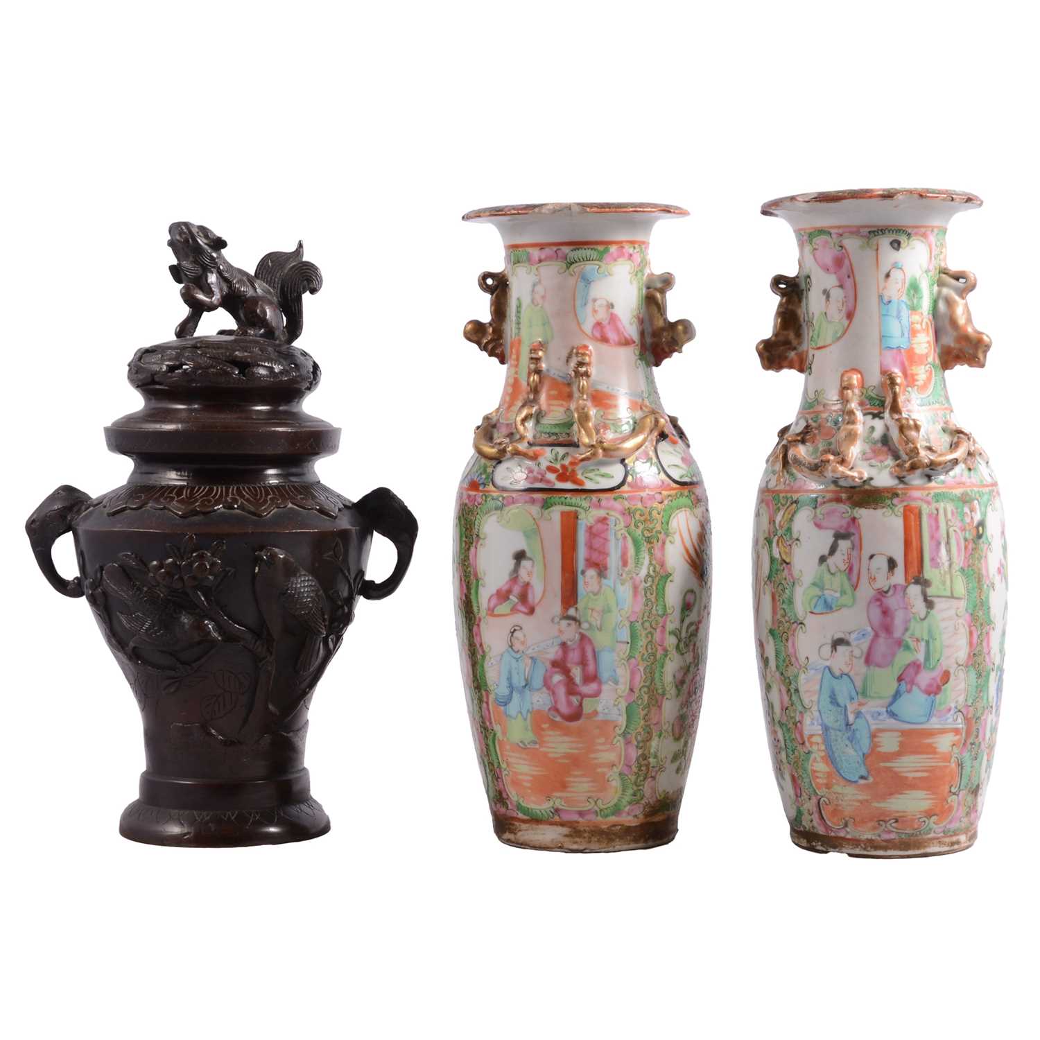 Lot 26 - Pair of Cantonese famille rose vases, and a bronze censer