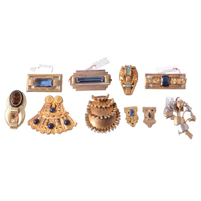 Lot 494 - Ten Art Deco yellow metal dress clips and brooches, probably French and German.