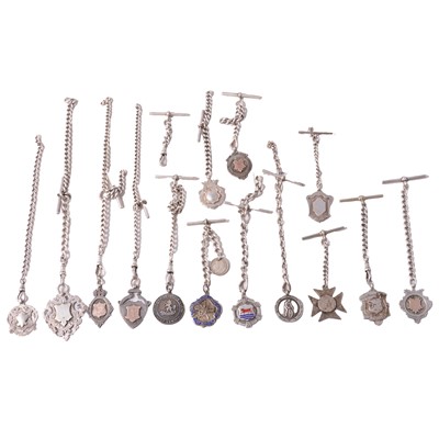 Lot 433 - Fifteen short lengths of silver Albert watch chains, fitted with fobs, medals, and badges.