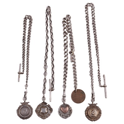 Lot 459 - Nineteen silver Albert watch chains, fitted with fobs, coins, swivel fasteners, and / or T bars.