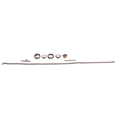 Lot 461 - A collection of scrap silver Albert watch chains, T bars, swivel fasteners, and rings.