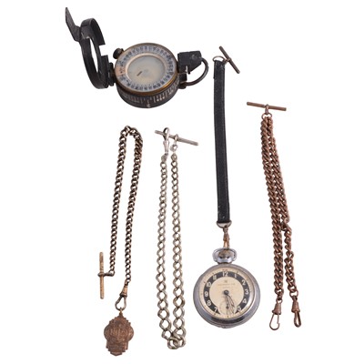 Lot 1130 - Ingersoll pocket watch, WW2 military compass, metal Albert watch chains, and fittings.