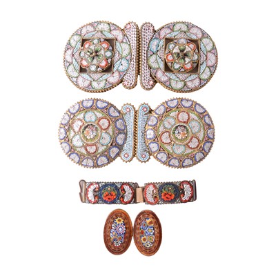 Lot 499 - Two similar micromosaic gilt metal two section buckles, one other.