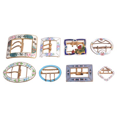 Lot 500 - Eight vintage gilt metal single enamel buckles.