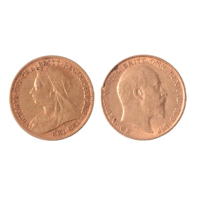 Lot 279A - Two Gold Half Sovereign coins, Victoria Veiled Head 1901, and Edward VII 1909.