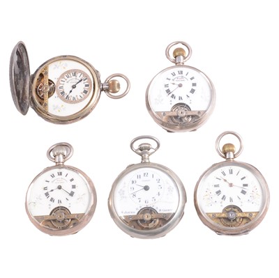 Lot 1121 - Five Hebdomas and similar pocket watches with Breguet visible escapements.
