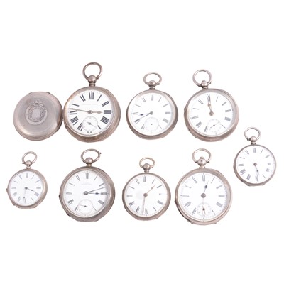 Lot 1117 - Eight silver and white metal open face pocket watches and fob watches.