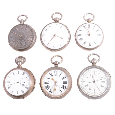Lot 1119 - Six silver, white metal, and steel open face pocket watches.