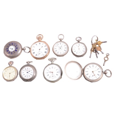 Lot 1118 - Eight gold-plated, silver, white metal and metal pocket watches and fob watches.