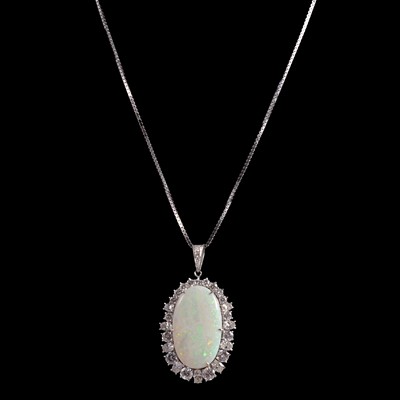 Lot 251 - An opal and diamond pendant with two white gold chains.