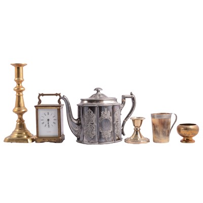 Lot 140 - Horn beaker, carriage clock, and other metalwares