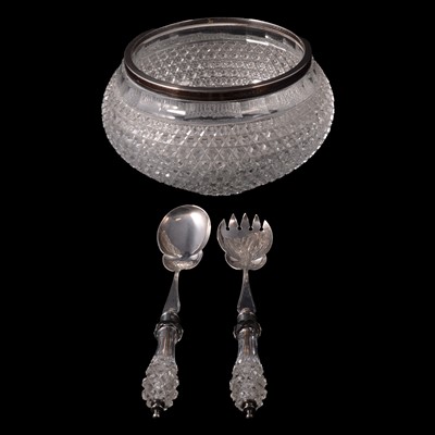 Lot 20 - A Victorian cut glass salad bowl with silver rim and matching servers.
