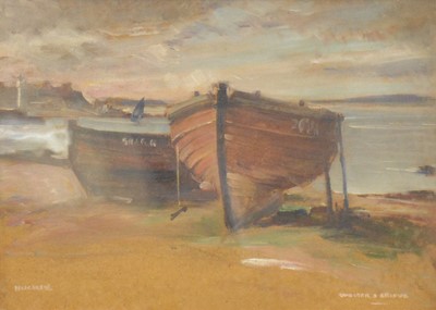 Lot 280 - Walter Graham Grieve, Boats at low tide, Buckie, Scotland
