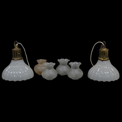 Lot 143 - Pair of frosted glass ceiling lights, and four etched glass shades