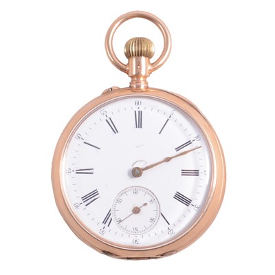 Lot 1097 - A yellow metal open faced pocket watch.