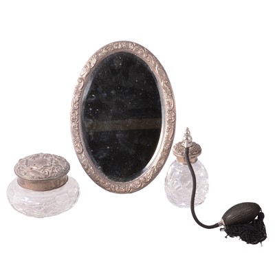 Lot 244 - Silver topped Royal Brierley crystal powder bowl, silver mounted atomiser, and a silver mouted easel back table mirror.