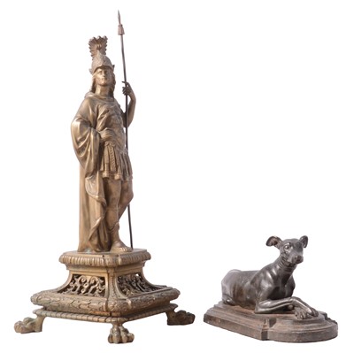 Lot 91 - A seated greyhound, pair of wall plaques by George Bommer, and a Centurion figure
