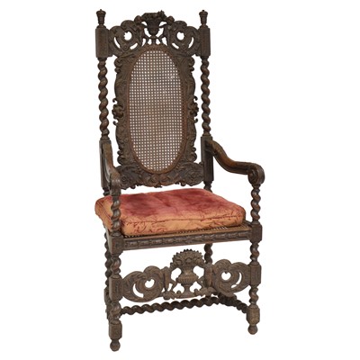 Lot 383 - Jacobean style carved walnut and cane-work armchair
