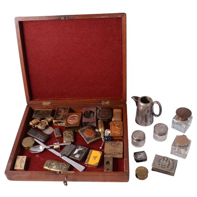 Lot 186 - Brass, bakelite and wooden vestas, matchbox holders, silver salt spoons, and other items.