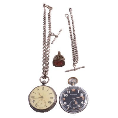 Lot 1123 - Jaeger-LeCoultre - a military pocket watch, silver pocket watch, Albert watch chains and fob.
