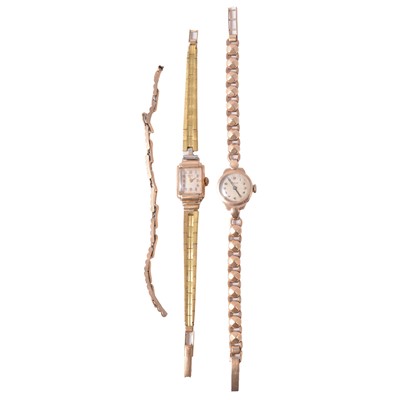 Lot 1079 - Two ladies' vintage wristwatches, and a gold watch bracelet.