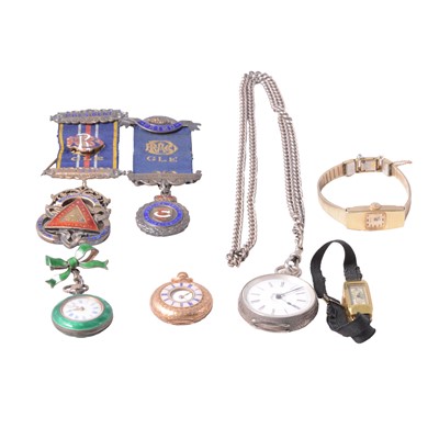 Lot 1115A - Yellow metal, silver and white metal fob watches, wristwatches, and silver ROAB jewels.