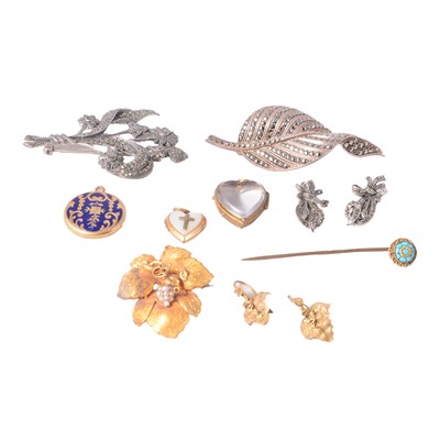 Lot 440 - A yellow matching brooch and earrings, turquoise stick pin, three pendants, three marcasite pieces.