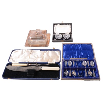 Lot 111 - Silver-plated and stainless steel cutlery, some boxed, glass salts and butter dish.