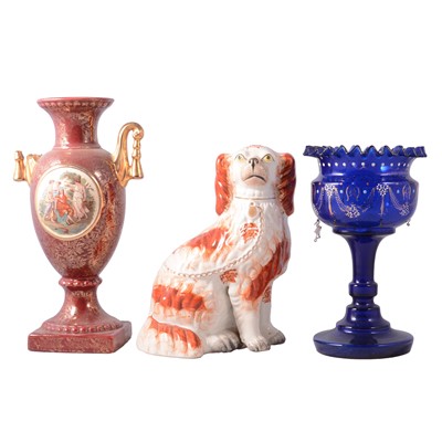 Lot 60 - Early to mid century ceramics, Hummel, Staffordshire spaniels, Shorter dish, large covered urn etc.
